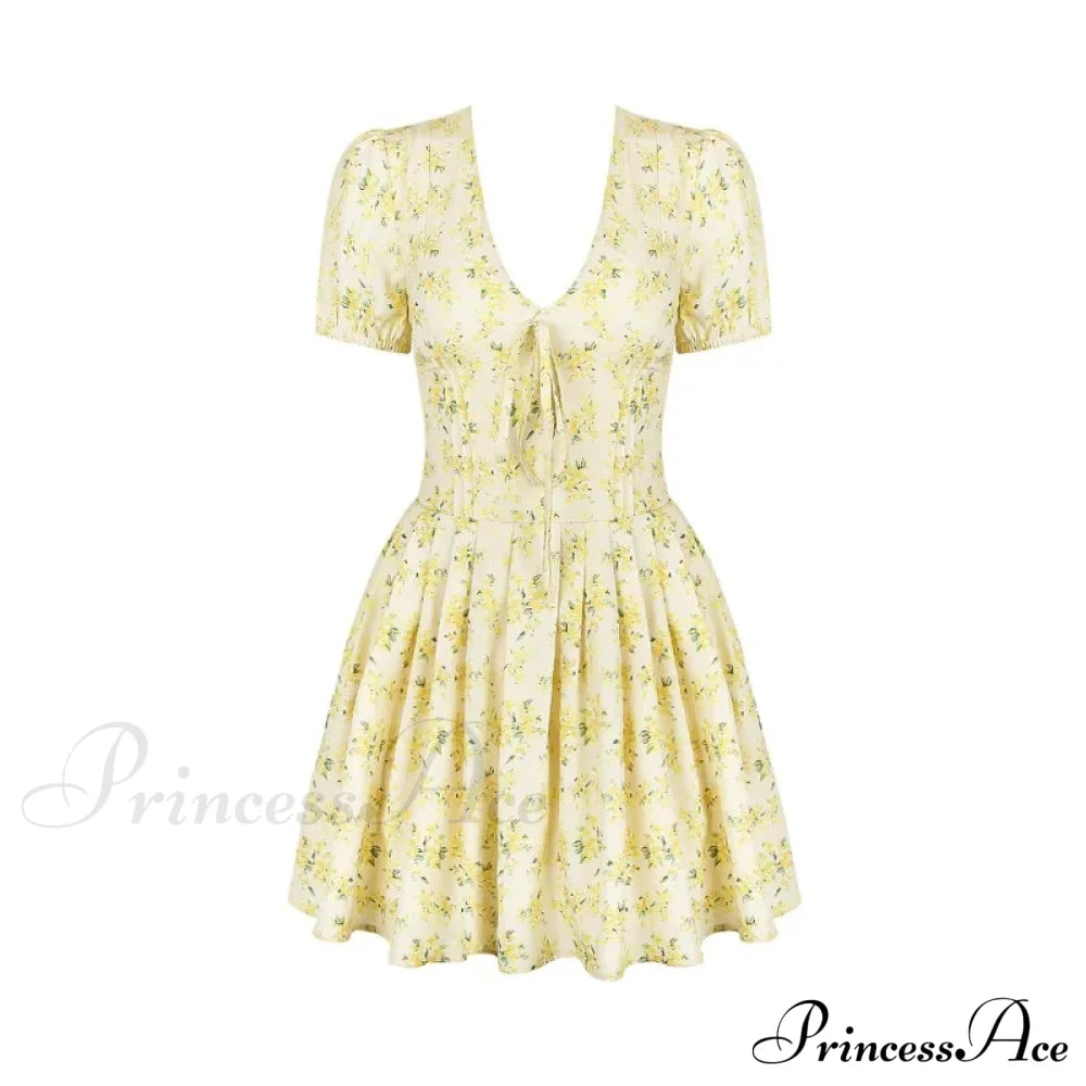 Deep V Short Sleeve Mini Women's Lined Fashion Ball Gown Club Party OutFit Summer Floral Dress