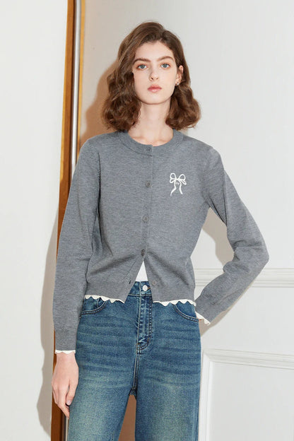 Bow Print Knit Sweater Cardigan
