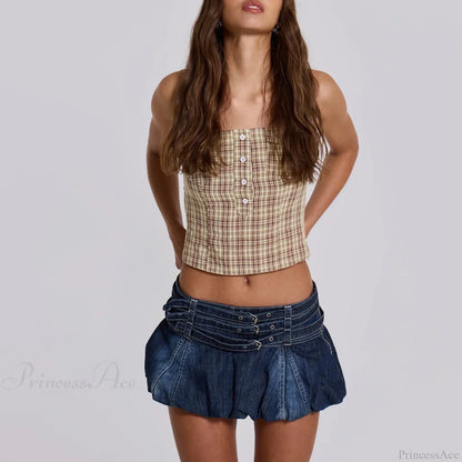 Denim Ruffle Buckled Belted Skirt