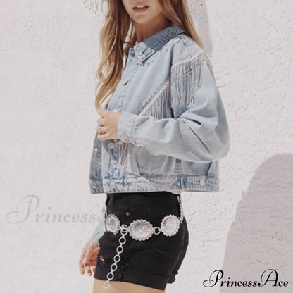 Denim Turndown Collar Splice Rhinestone Tassel Long Sleeve Loose Button Woman Clothing Warm Chic Stylish Elegant Fashionable Versatile Jacket