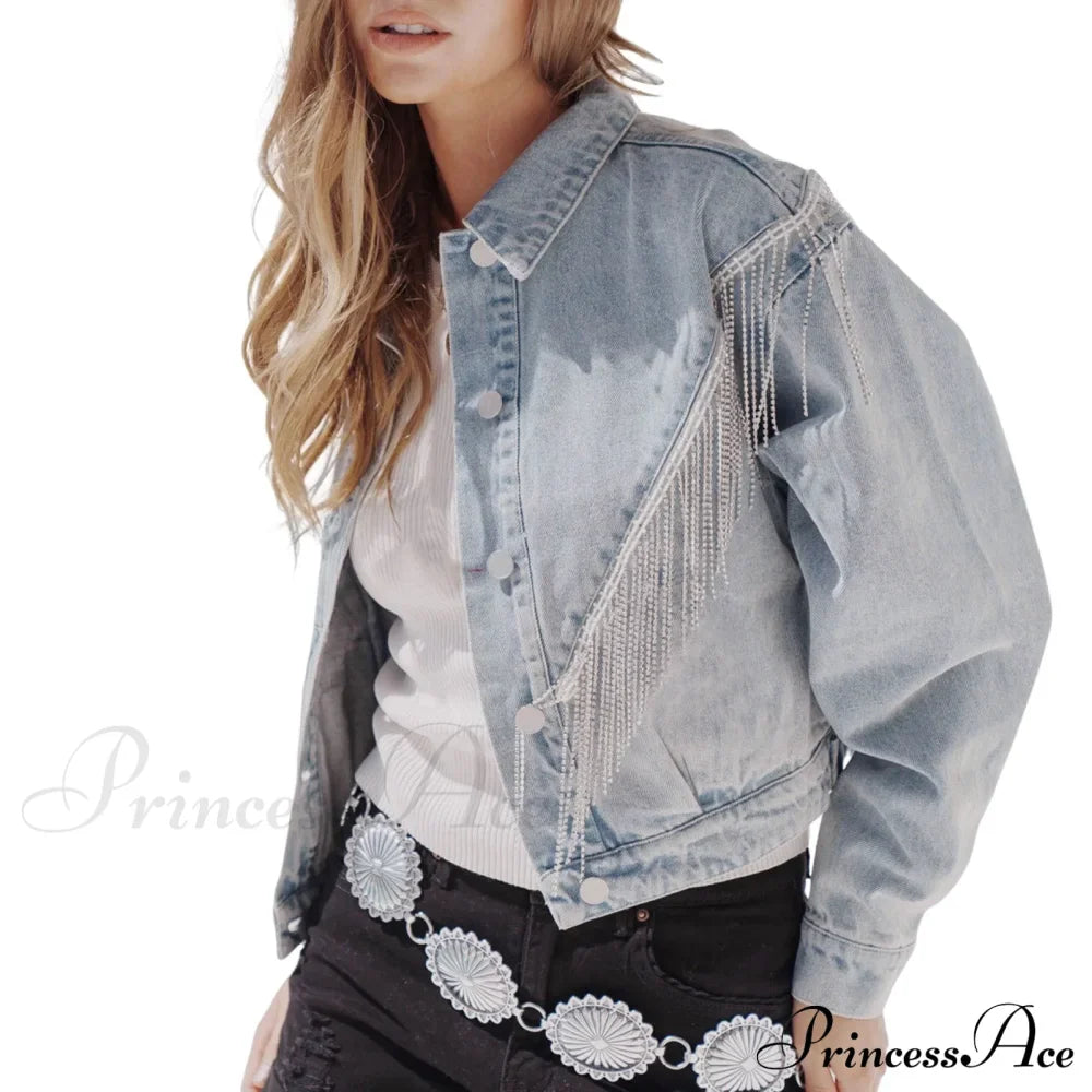 Denim Turndown Collar Splice Rhinestone Tassel Long Sleeve Loose Button Woman Clothing Warm Chic Stylish Elegant Fashionable Versatile Jacket