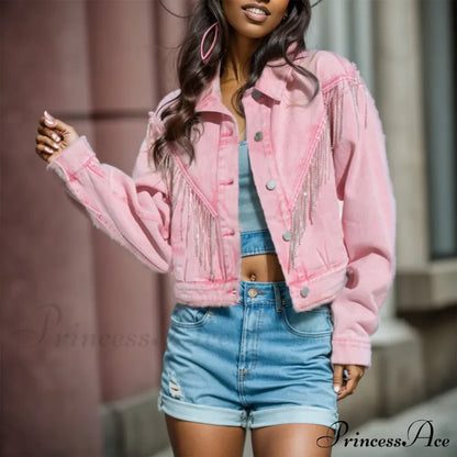 Denim Turndown Collar Splice Rhinestone Tassel Long Sleeve Loose Button Woman Clothing Warm Chic Stylish Elegant Fashionable Versatile Jacket