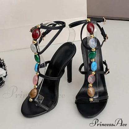 Designer High Heels Women Sexy 11.5CM Stiletto Sandals Bohemian Colour Gem Strap Open Toe Wedding Banquet Shoes