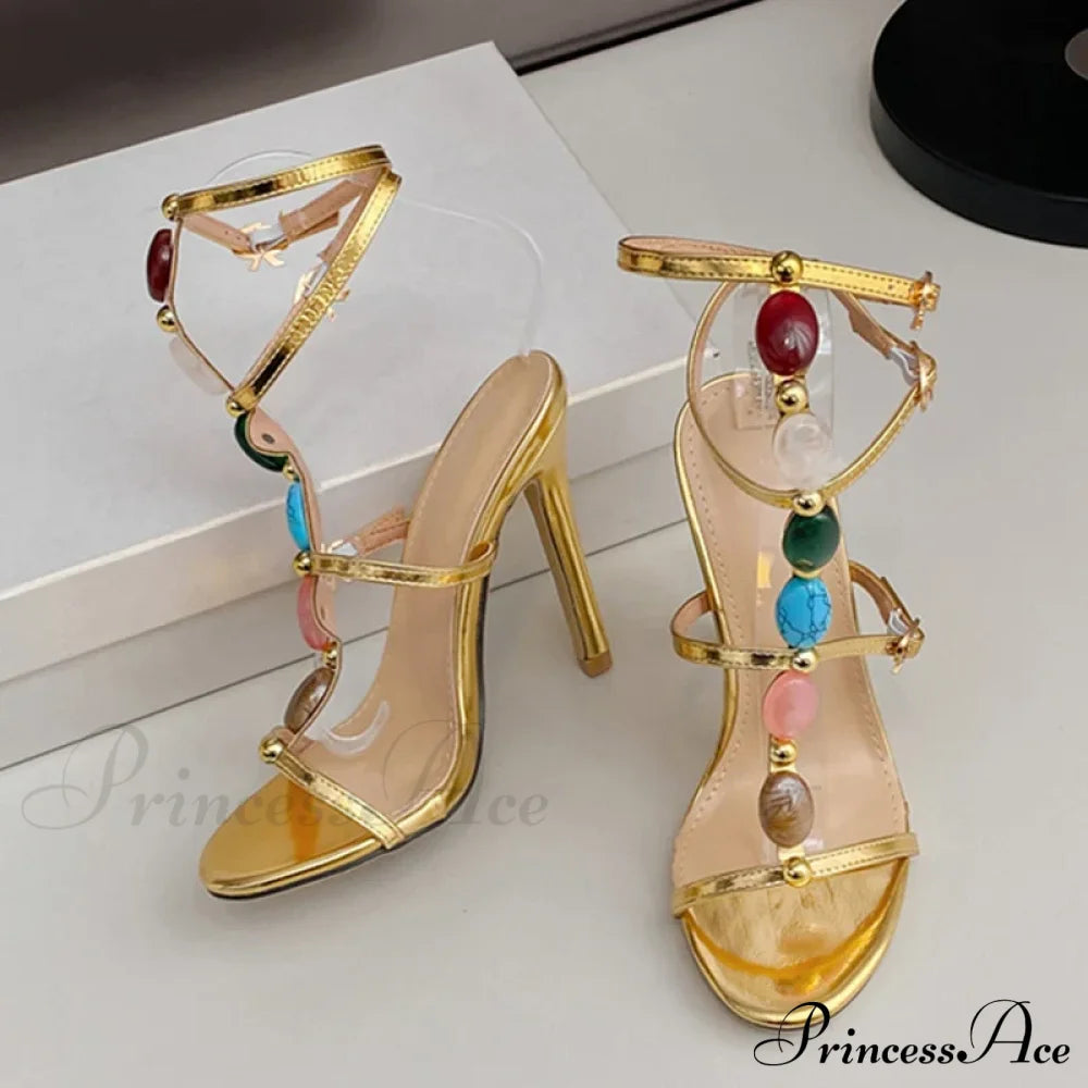 Designer High Heels Women Sexy 11.5CM Stiletto Sandals Bohemian Colour Gem Strap Open Toe Wedding Banquet Shoes