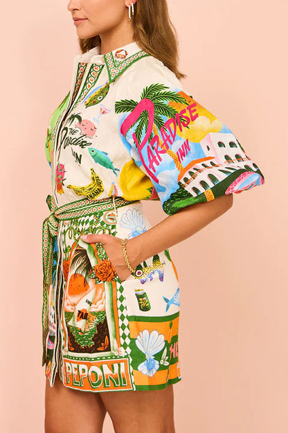 Summer Sophistication Linen Blend Unique Print Belted Pocket Shirt Mini Dress