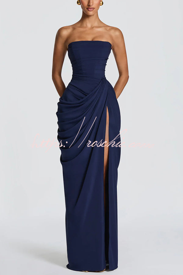 Cyra Back Lace-up Asymmetrical Pleats Strapless Slit Maxi Dress（Buy 2 Get Free Shipping）