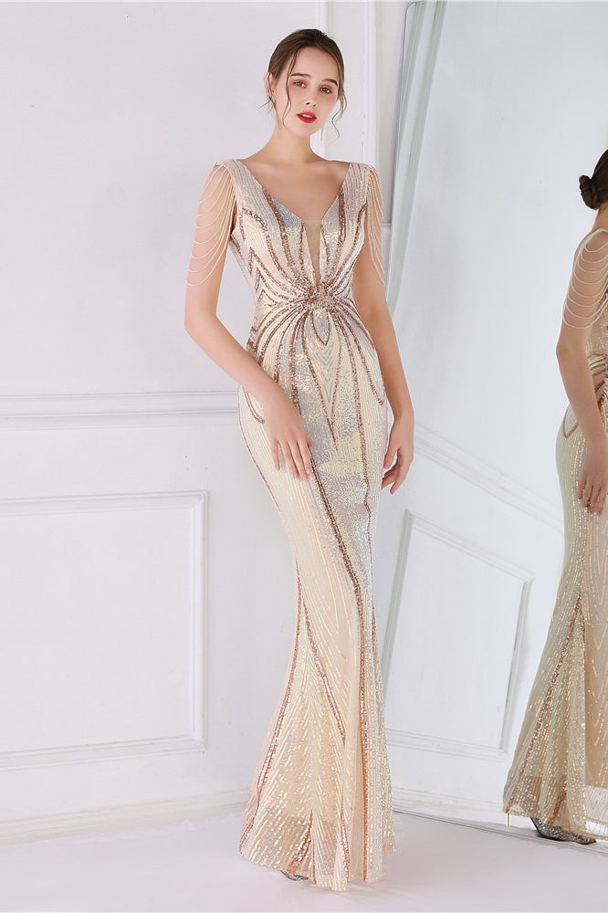 Vestido de fiesta de sirena con lentejuelas florales y pedrería