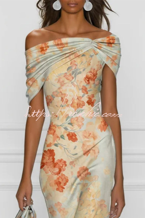 Floral Off-shoulder Sleeveless Fishtail Midi Dress