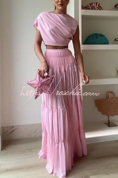 Stunning Chiffon Ruched Shoulder Short Sleeve Crop Top