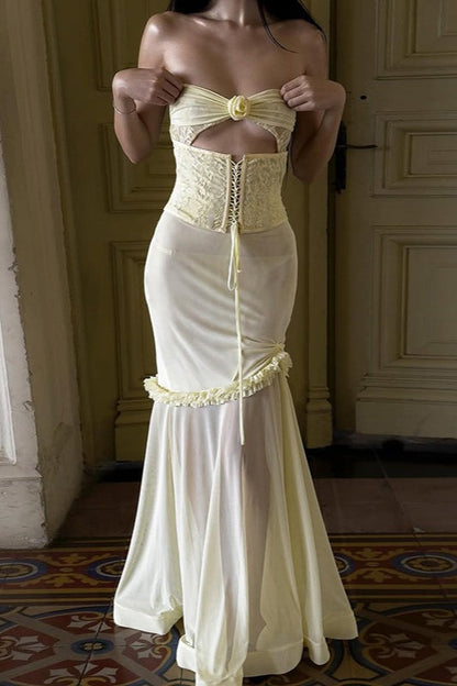 Vestido maxi elegante de retazos florales sólidos con deshuesado y lazo fruncido