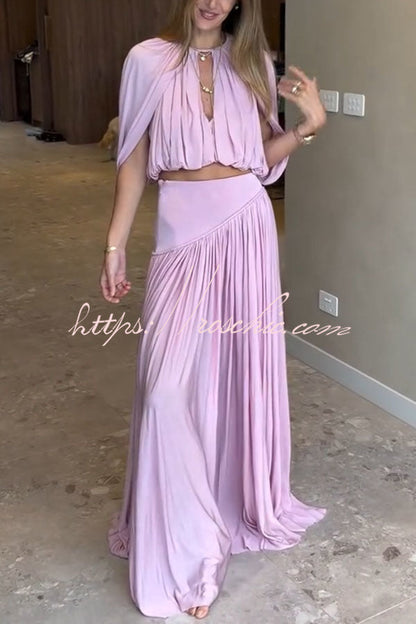 Venus Cutout Neck Slit Sleeve Crop Ruched Top and High Rise Pleated Maxi Skirt Set
