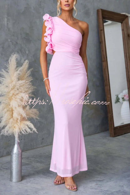 Fashionable Mesh Sleeveless One-shoulder Waist-revealing Maxi Dress