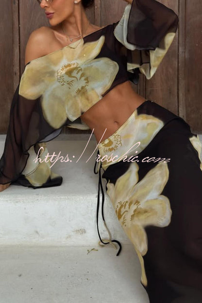 Floral Print Off-shoulder Long-sleeved Loose Top and Elegant Drawstring Maxi Skirt Set