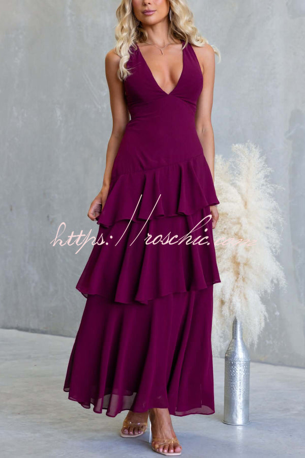 Solid Color V-neck Sleeveless Elegant Layered Maxi Dress