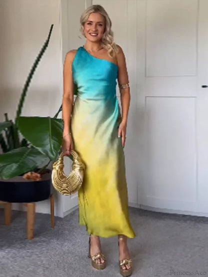 Diagonal Collar Gradient Vacation Dress