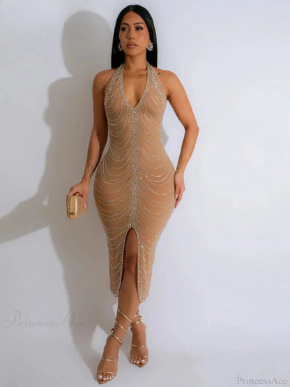 Diamond Halter Midi Party Dress