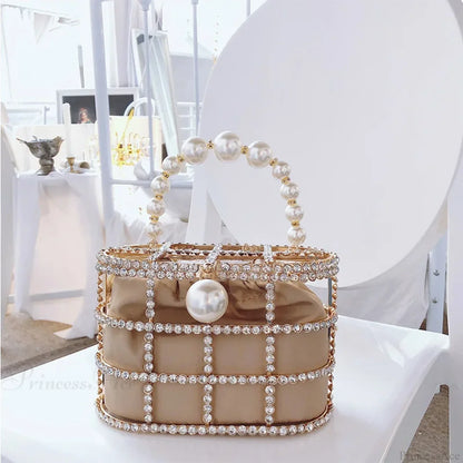 Diamonds Basket Clutch Luxury Pearl Beaded Wedding Party Evening Bag
