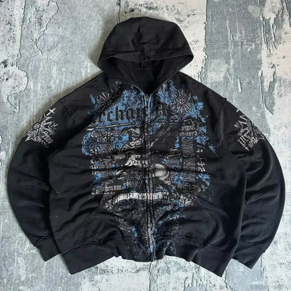 Distress Y2K Gothic Skull Hoodie