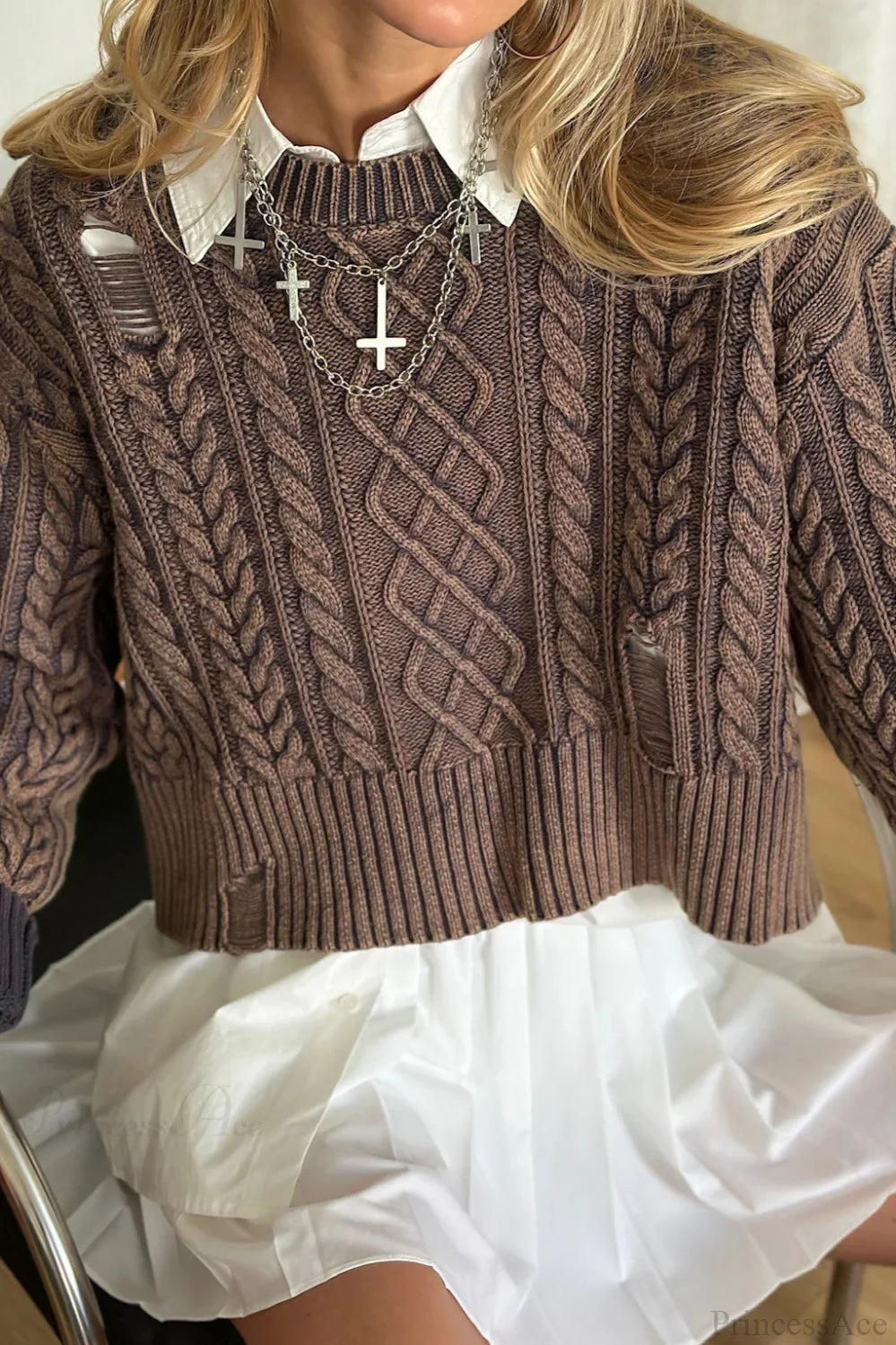 Distressed Crew Neck Cropped Crop Top Knit Sweater