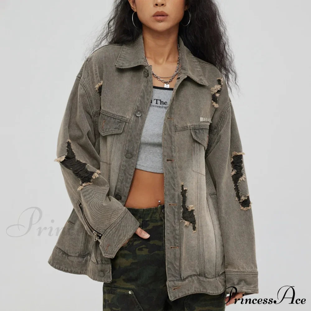 Distressed Denim With Collar Vintage Large Pockets Chic Stylish Elegant Fashionable Versatile Oversized Street Winter Jacket