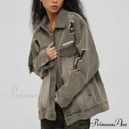 Distressed Denim With Collar Vintage Large Pockets Chic Stylish Elegant Fashionable Versatile Oversized Street Winter Jacket