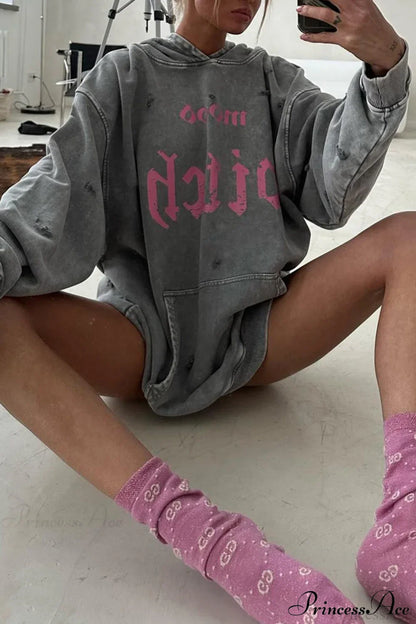 Distressed Hoodie with Letter Print