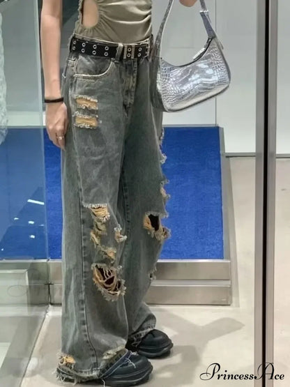 Distressed Trendy Brand Washed Vintage Versatile Trendy Wide Leg Design Inset Jean