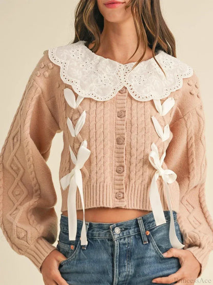 Doll Collar Tie-Up Long Sleeve Knit Cardigan