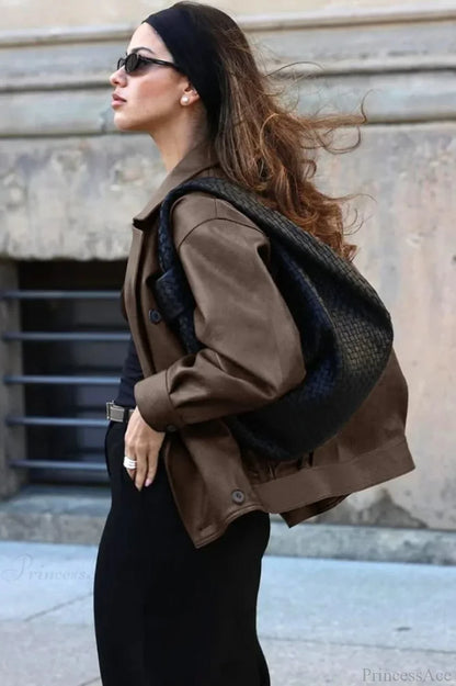Double Breasted Black Lapel Leather Coat