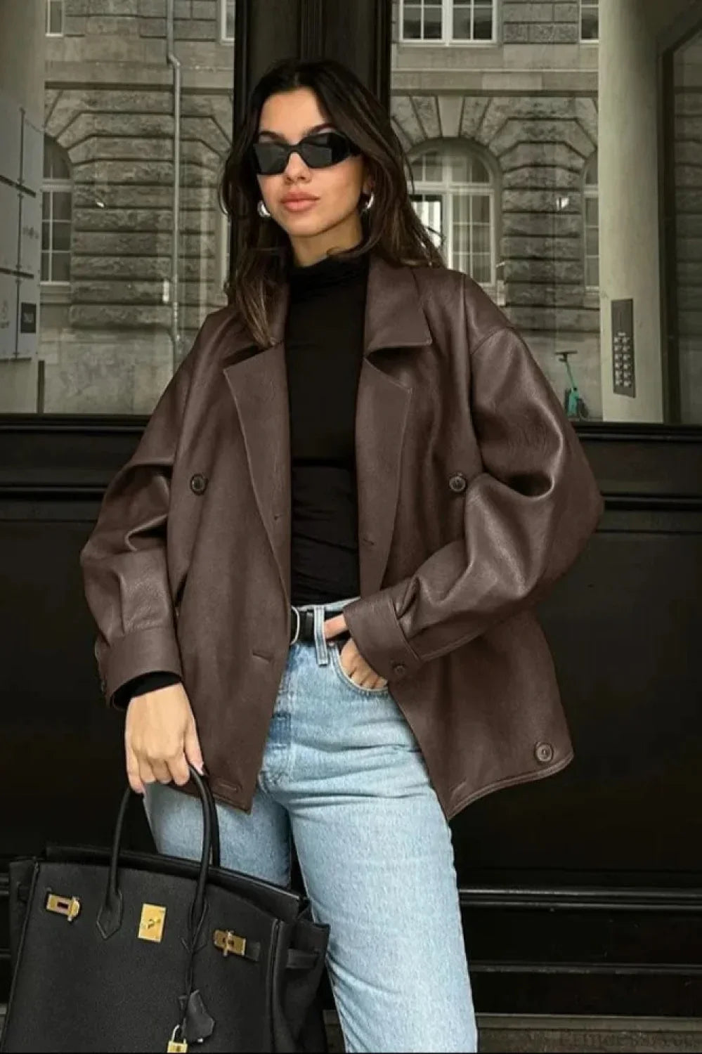 Double Breasted Black Lapel Leather Coat