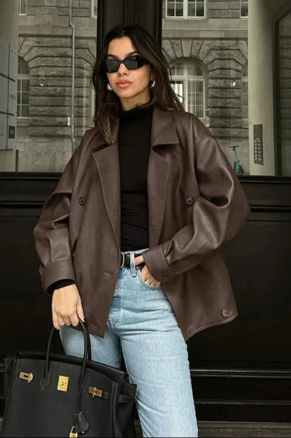 Double Breasted Black Lapel Leather Coat