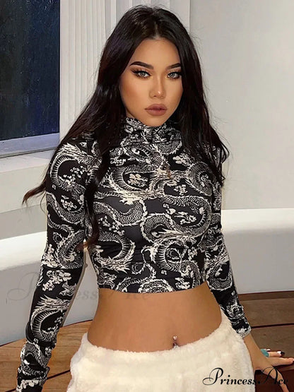 Dragon Printed High Collar Slim T-shirt Crop Top