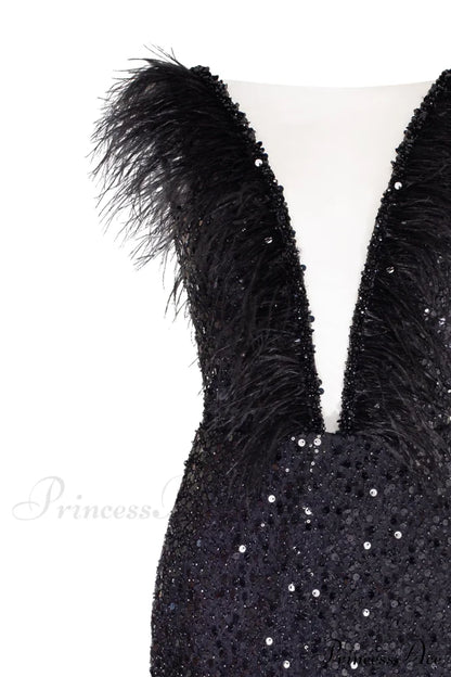 Dramatic Cocktail Dress On Straps Trendy Decorated With Sequins And Feathers