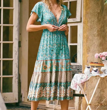 Drawstring Waist Midi Dress Vintage Floral Cotton Casual Summer Dress