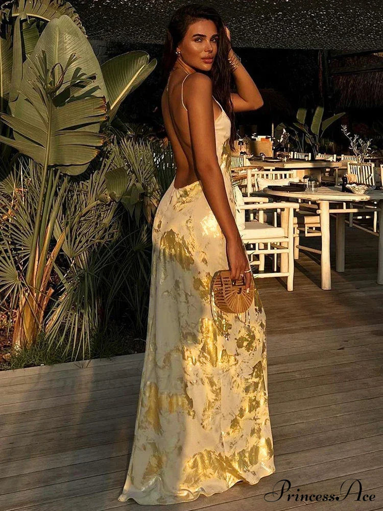 Dulzura Gold Strap V Neck Backless Long Metal Party Club OutFits Y2K Clothes Summer Floral Dress