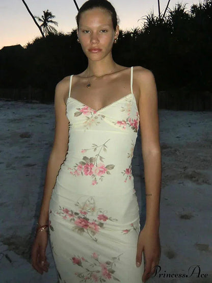 Dulzura Print Strap Midi Bodycon Party Clothes Summer Long Y2K Evening Holiday Floral Dress