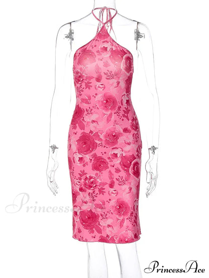 Dulzura Rose Print Lace Up Halter Mini Sexy Backless Party OutFit Birthday Clothes Y2K Floral Dress