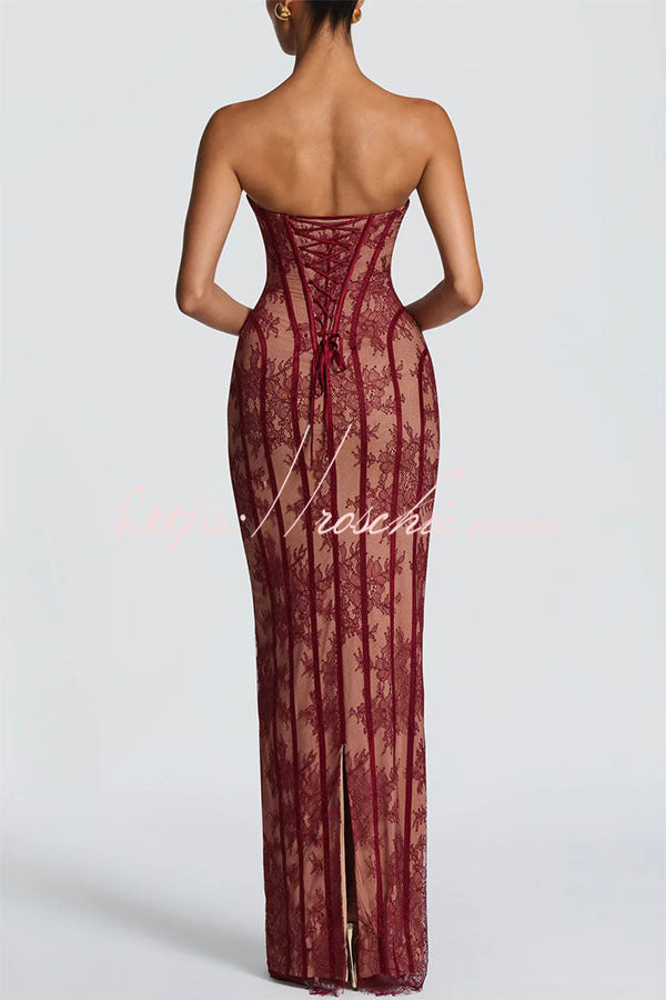 Sian Floral Lace Contrast Structural Detail Back Lace-up Strapless Slit Maxi Dress
