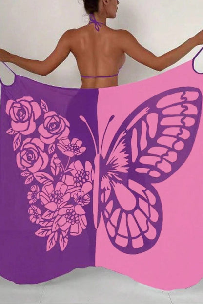 Fashionable Color-blocked Butterfly Print Resort Cover-up Midi Dress