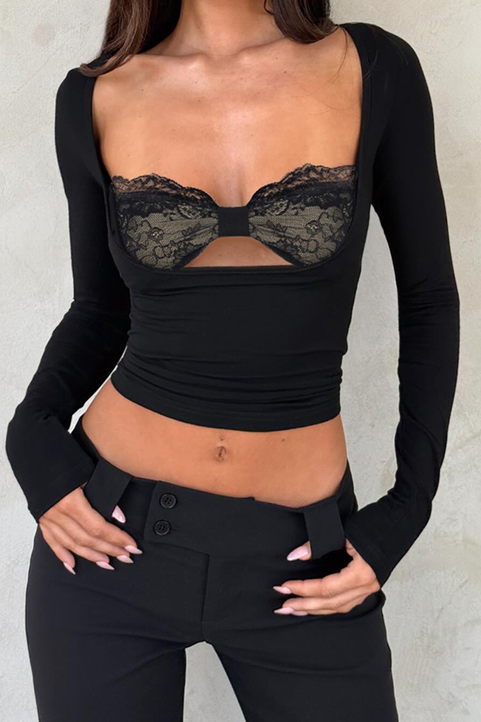 Lace Patchwork 2In1 Chest Cutout Tight  Crop Top