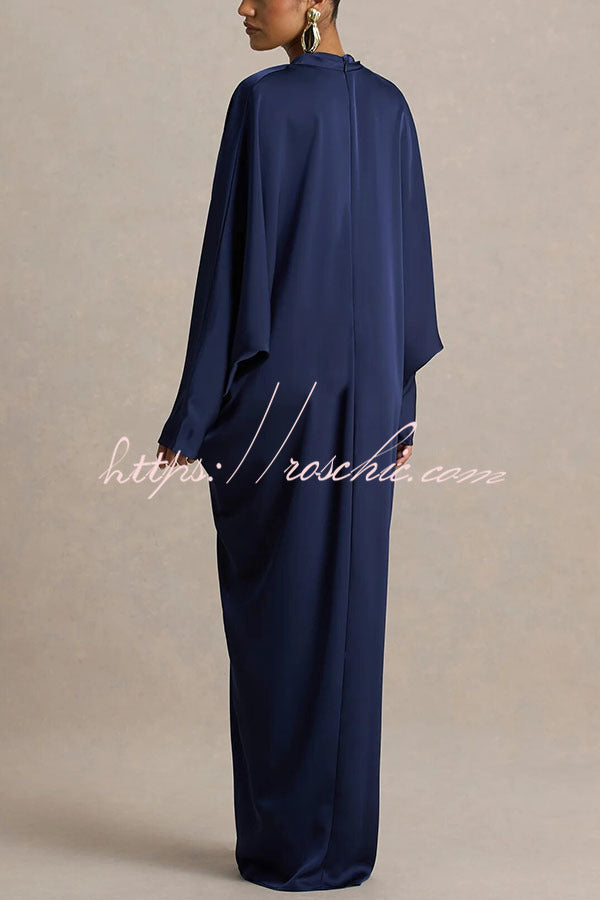 Tina Satin Plunge V-neck Gold Trim Detail Long Batwing Sleeve Maxi Dress