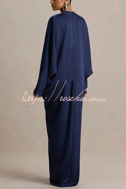 Tina Satin Plunge V-neck Gold Trim Detail Long Batwing Sleeve Maxi Dress