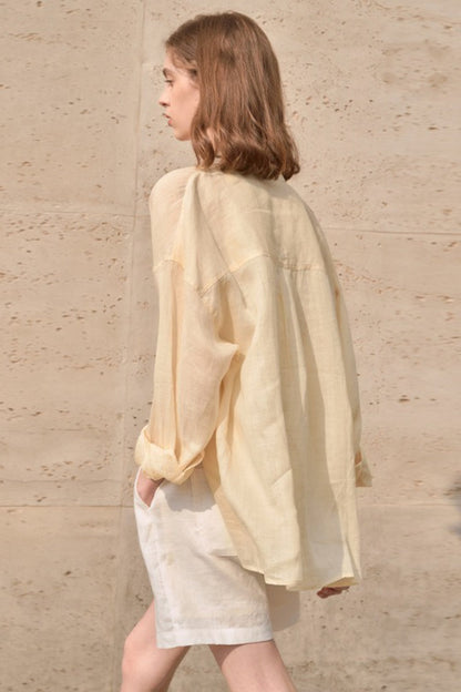 Elegant Sheer Linen Collared Long Sleeve Top