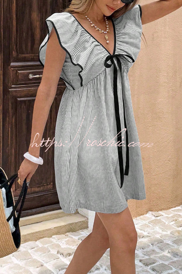 Striped Print Loose V-neck Tie Bow Casual Mini Dress