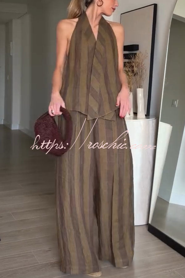 Aloof Style Striped Linen Blend Halter Vest and High Rise Button Pocket Wide Leg Pants Set