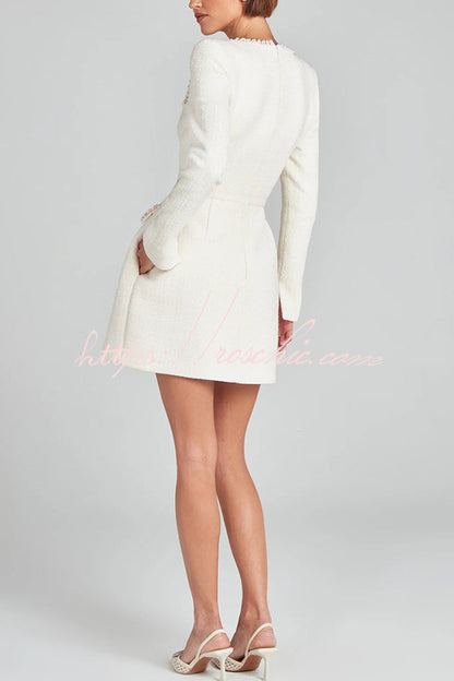 Girly and Glamorous Tweed Fabric Pearl Trim Long Slit Sleeve Pocketed Mini Dress (Shipped Within 24 Hours)