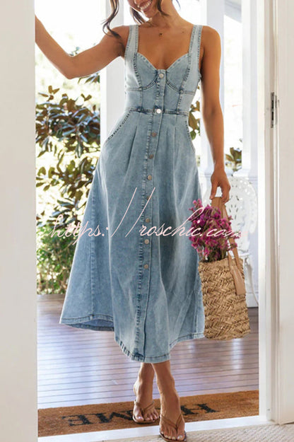 Stylish Single-breasted Fitted Waist Gathered Back Denim Maxi Dress