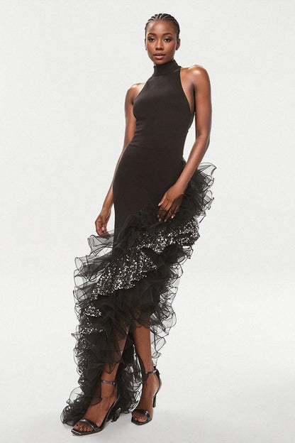 Vestido de Fiesta Asimétrico de Malla con Volantes Negro