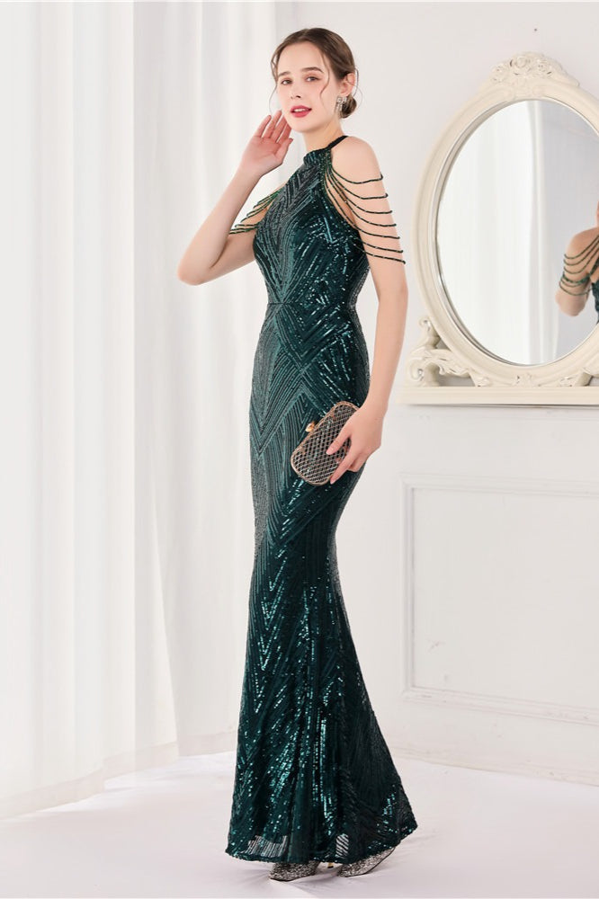 Vestido de fiesta maxi con lentejuelas, escote halter y corte de sirena