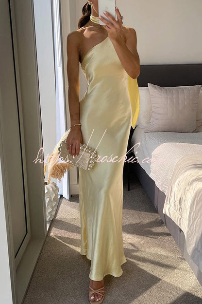 Flowing Elegance Satin One Shoulder Scarf Maxi Dress
